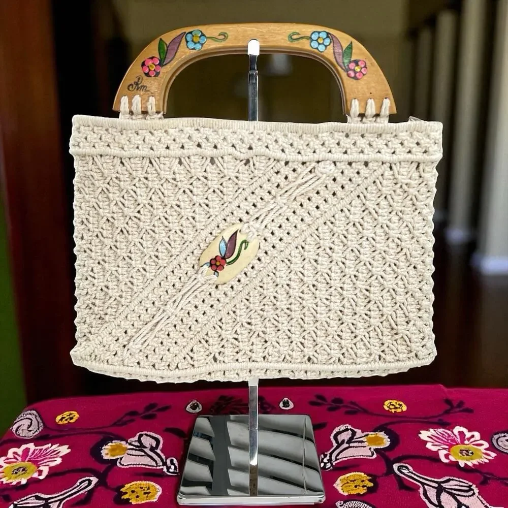 Vintage 70s Macrame Handbag Cream Boho Purse Painted Wooden Handles Folk Art